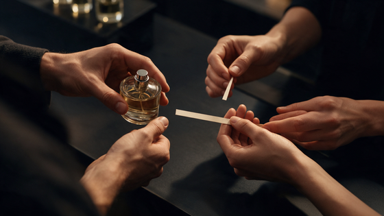Manos presentando un frasco de perfume y una tira de papel sobre un mostrador