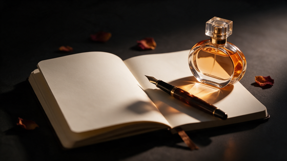 Cuaderno abierto con pluma junto a un frasco de perfume y pétalos