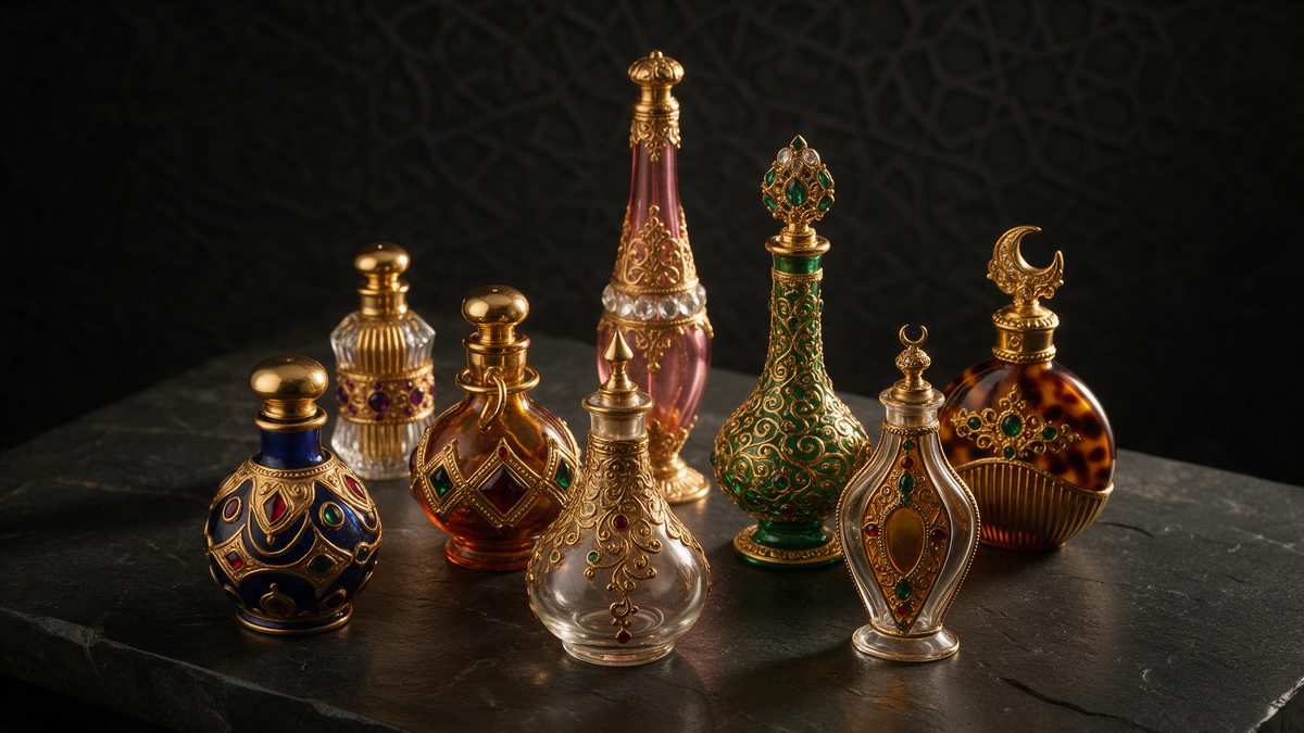 Colección de frascos de perfumería árabe de distintas casas y formas