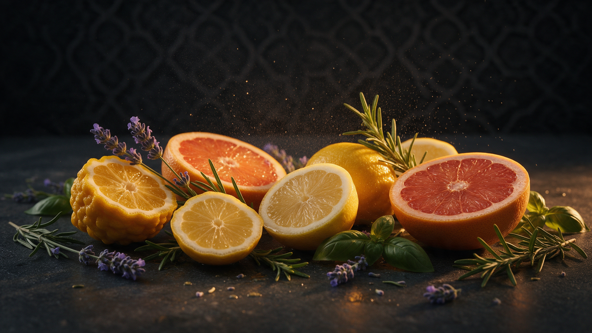 Cítricos partidos con lavanda y romero, ingredientes de la familia cítrica aromática
