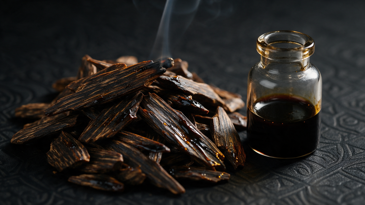 Astillas de madera de oud con vetas de resina y un frasco de aceite de agarwood