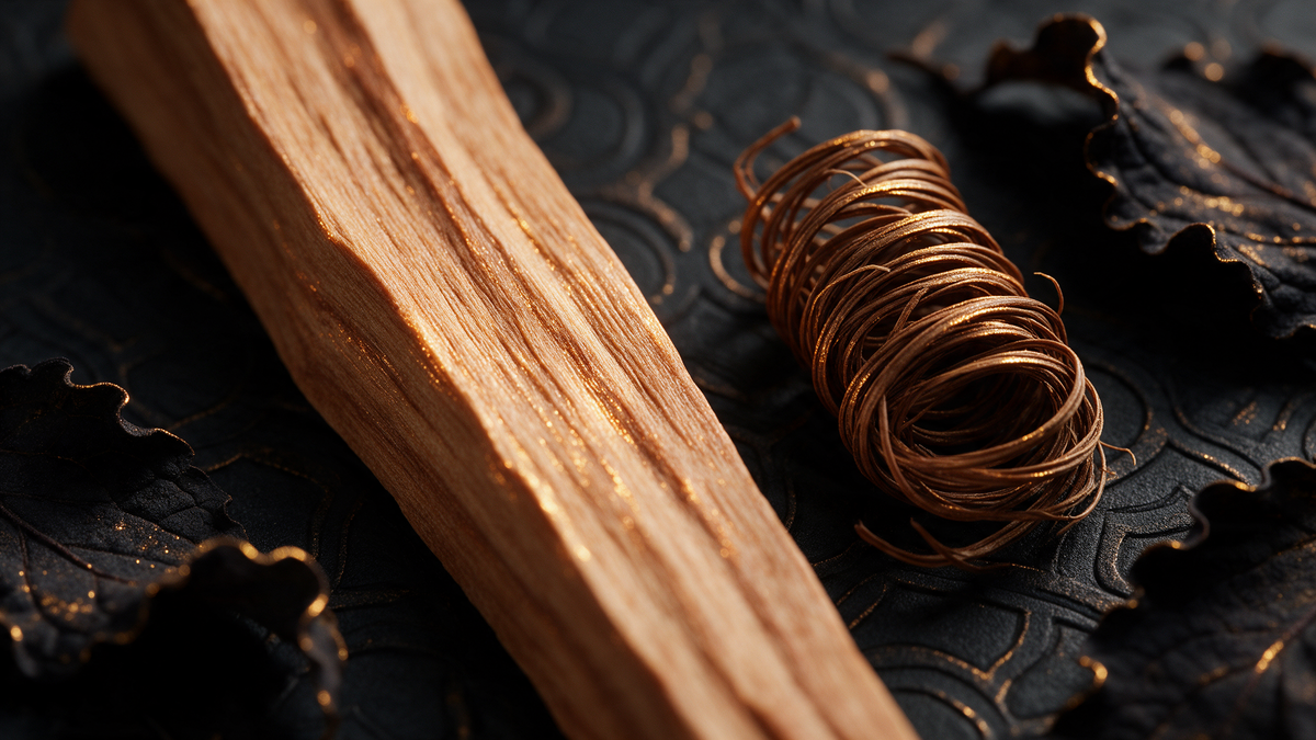Detalle macro de veta de sándalo, raíz de vetiver y hojas de pachulí