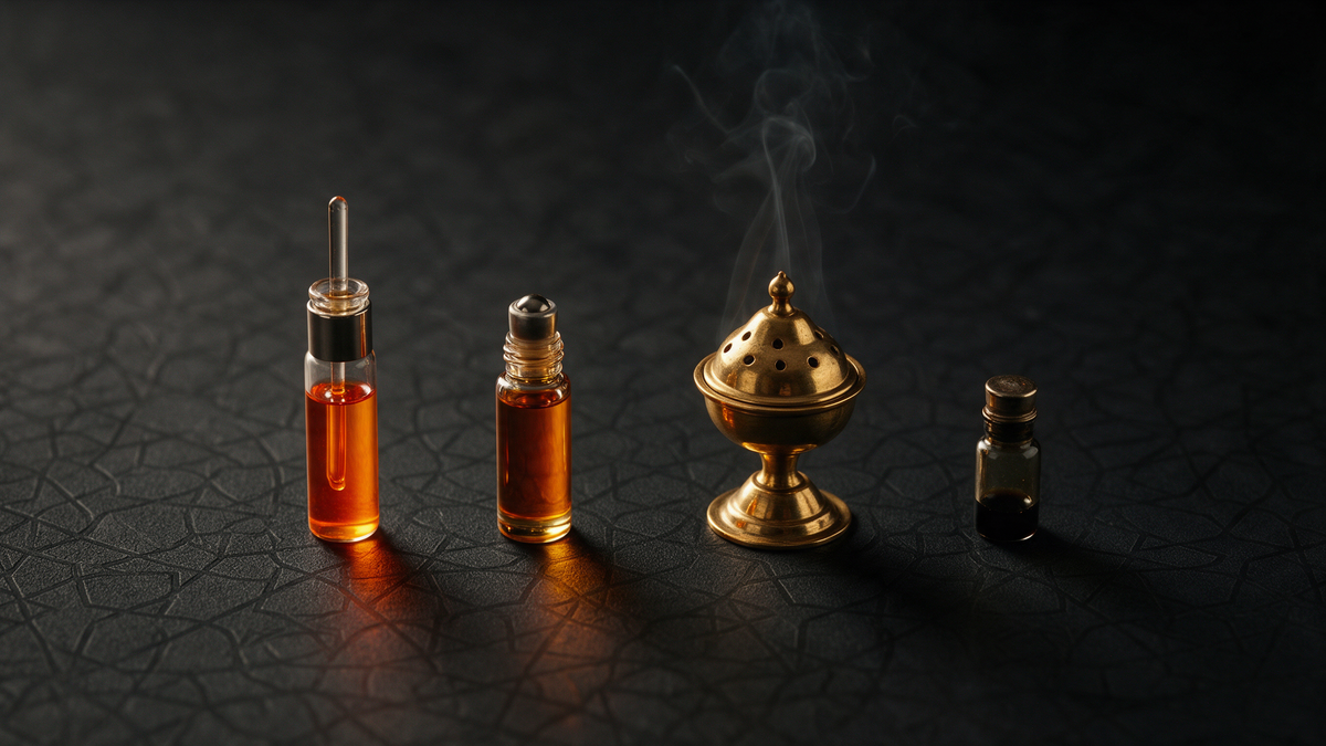 Attar, roll-on, quemador de bakhoor con humo y frasco de dehn al oud