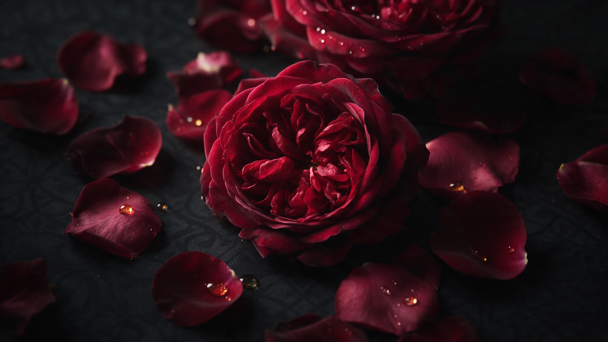 Rosas de Damasco en flor con pétalos sueltos y gotas de rocío