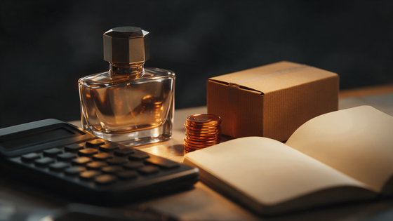 Frasco de perfume junto a calculadora, monedas y caja de envío