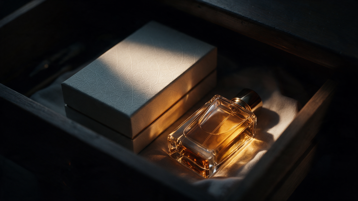 Frasco de perfume guardado junto a su estuche, lejos de la luz y el calor