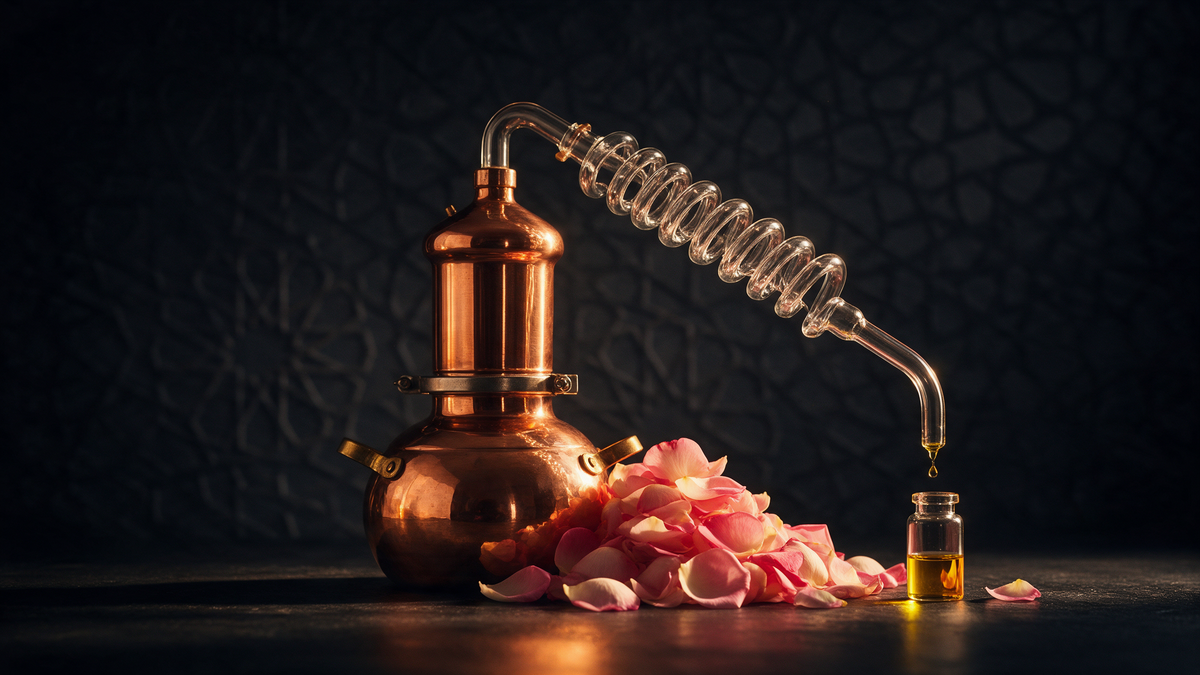 Alambique de cobre destilando pétalos de rosa para obtener aceite esencial