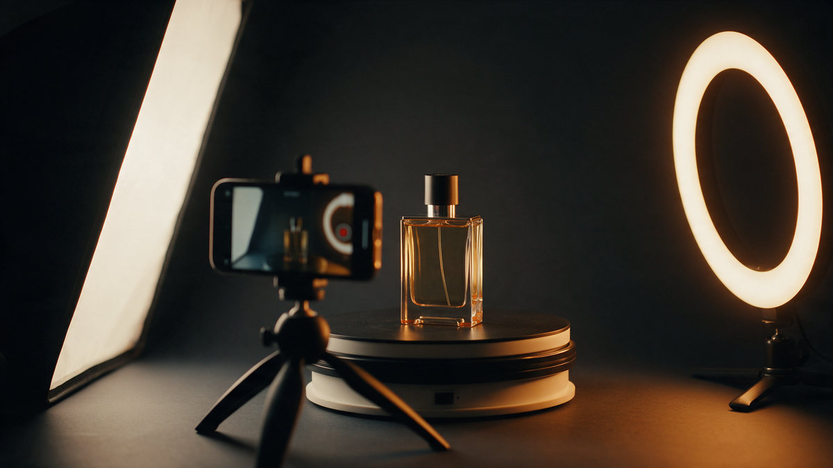 Teléfono en trípode grabando un frasco de perfume con luz de estudio