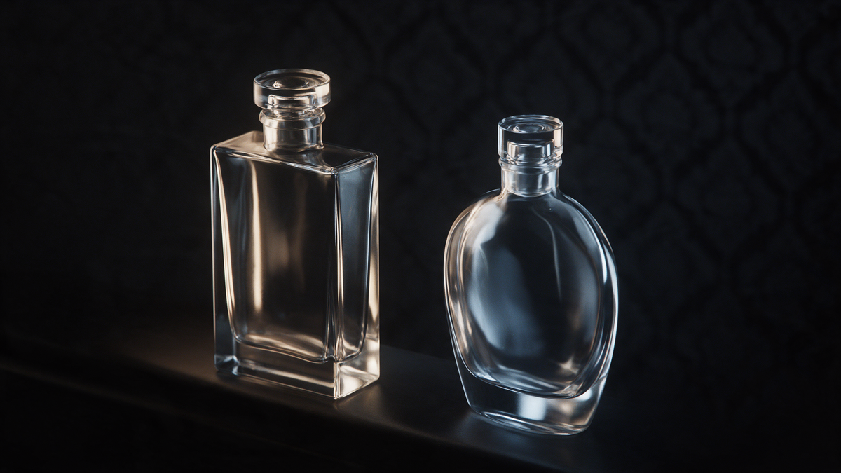 Dos frascos de perfume sin marca comparados sobre fondo oscuro
