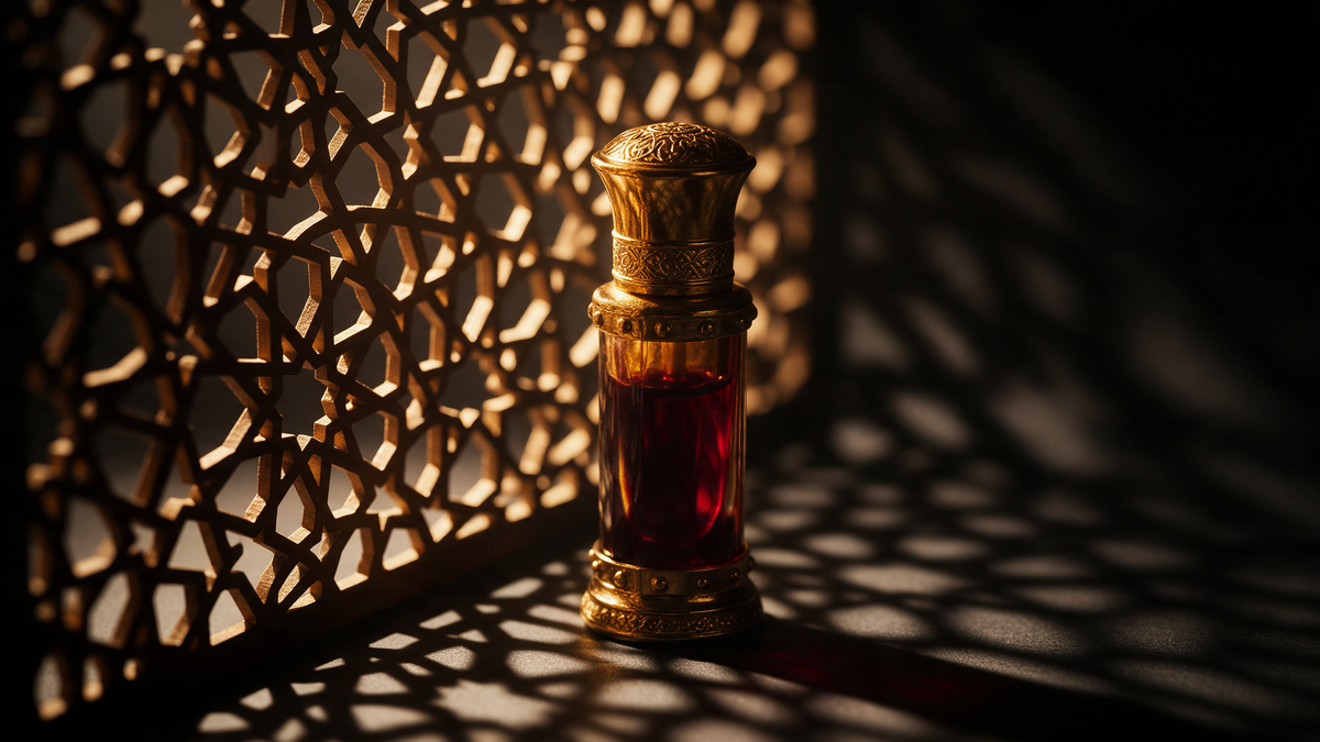 Frasco de attar árabe con tapón dorado y sombras geométricas de celosía