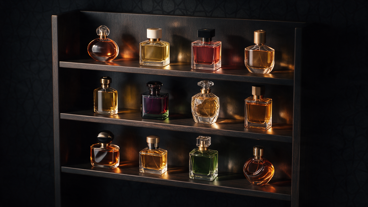 Estante con doce frascos de perfume ordenados como catálogo inicial