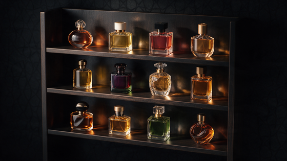 Estante con doce frascos de perfume ordenados como catálogo inicial