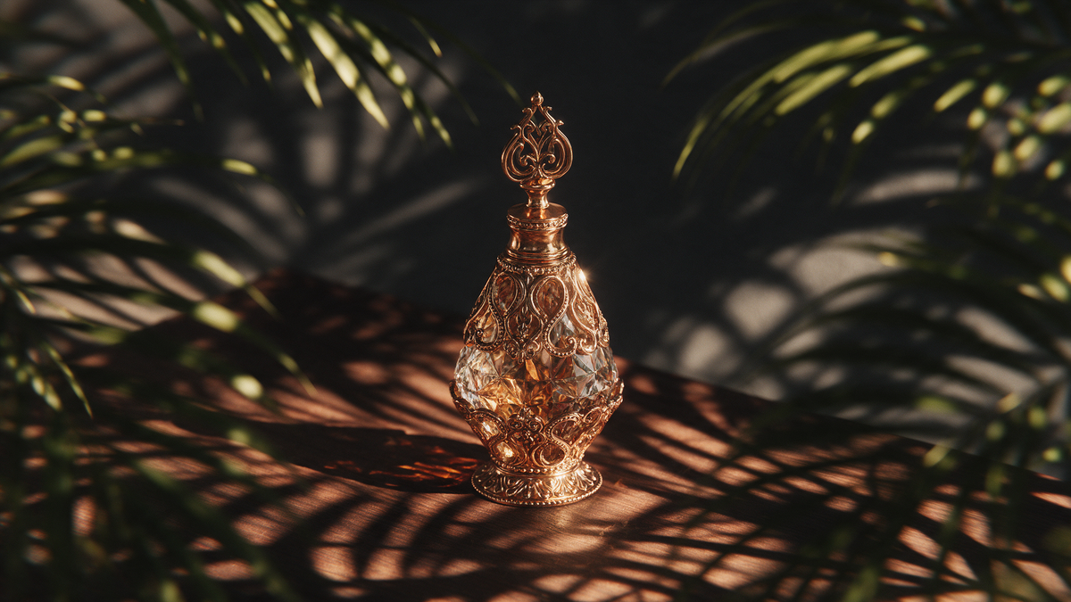 Frasco de perfume árabe con sombras de hojas tropicales, mercado colombiano