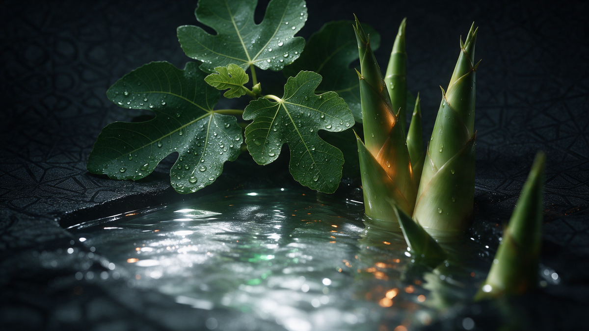 Hojas de higuera y bambú con gotas de agua, familia olfativa acuática y verde