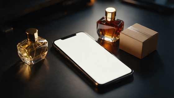 Teléfono sobre un escritorio junto a frascos de perfume y una caja de envío