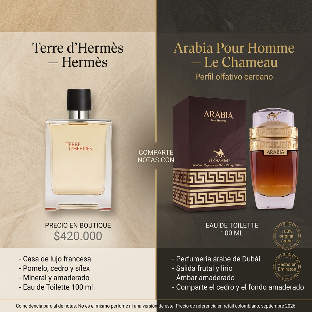 Arabia Pour Homme Hombre | Le Chameau — comparativa de perfil olfativo